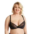 Close-up of black lace plus size bra with delicate floral embroidery on white background - 36/80E / Tops / Black