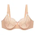 Detail view of a beige plus-size lace bra featuring full coverage cups and bow - 38/85D / Tops / Double Row Hooks / Beige