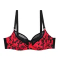 Detailed view of red and black floral print bra with mesh splicing and adjustable straps - 110D / Tops / Red