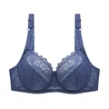 Close-up detail view of the intricate blue floral lace pattern on a supportive plus size bra - 34/75E / Dark Blue