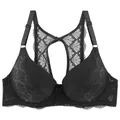 Detailed view of black lace Y-back bra with intricate embroidery and full coverage design - Black