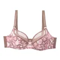 Detail view of a sexy ultra-thin bra featuring pink floral print and breathable mesh panels - 105D / Tops / Dark Coffee