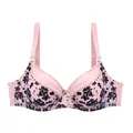 Close-up detail of a pink lace bra featuring black floral prints and thin cups. - 105D / Tops / Pink