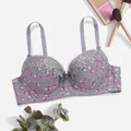 Nahaufnahme eines grauen Blumen-BHs mit feiner Spitzenstickerei und Schleifendetail. - 40/90B / Grau
