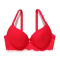 Detailed view of a bright red push-up bra with delicate lace trim and a small center bow. - 34/75B / Tops / Red