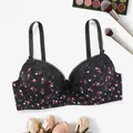 Primer plano de sujetador floral negro con bordado de encaje y estampado de flores rojas - Negro