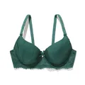 Detail showing the intricate lace trim and center bow on a dark green push-up bra. - 34/75B / Tops / Green