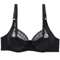 Detailed view of plus size black lace bra with thin cups and sheer floral embroidery. - 36/80E / Tops / Black