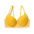 Detailed close-up of a vibrant yellow push-up bra featuring delicate lace and bow detail - 34/75B / Tops / Yellow