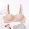 Nude seamless half-cup bra with detachable embroidered floral straps for evening dress - 38/80C / Tops / Beige