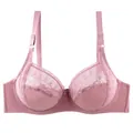 Detailed macro view of semi-transparent floral lace on a pink plus size full cup bra - 44/100E / Tops / Pink