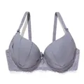 Elegant grey push-up lace bra featuring intricate floral embroidery and a cute center bow - Purple Grey