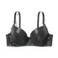 Close-up detail of a sexy black PU leather push-up bra featuring a unique shiny texture. - 34/75B / Tops / Black