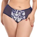 Detailed view of women's plus size dark blue briefs with elegant floral lace pattern - 0XL / Mid-High Waist Briefs / Blue
