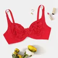 Detailed macro shot of elegant red floral lace underwire bra for women plus size - Red