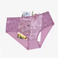 Purple lace panties with floral embroidery and transparent mesh, plus size mid-waist detail. - Light Purple
