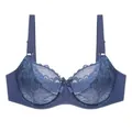Elegant dark blue plus size lace bra featuring delicate floral embroidery details and mesh - 42/95D / Tops / Double Row Hooks / Dark Blue