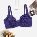 Exquisite purple lace detailing on a full-coverage underwired plus-size bra with bow accent - 36/80C / Tops / Blue