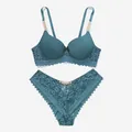 Teal lace lingerie set featuring rhinestone metal chain straps and intricate floral details - 36/80B / Top And Bottom / Green