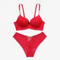 Elegant red lace lingerie set featuring sparkling rhinestone chain straps and push-up bra design - Red