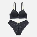Sexy black lace lingerie set featuring sparkling rhinestone chain straps and push-up bra - 36/80B / Top And Bottom / Black