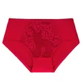 Detail shot of red plus size high waist briefs featuring a delicate floral lace panel. - Jujube Red