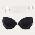 Sujetador push-up negro sin tirantes con cierre frontal y tres tiras transparentes. - 36/80C / Tops / Negro