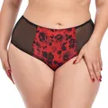 Sexy plus size high waist floral print mesh panties in red and black with delicate lace trim - Red