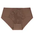 Detailed view of brown floral lace front on women's high-waisted plus size briefs. - L / Bottoms / Khaki