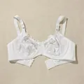 Elegant white plus size DE cup lace bra with floral patterns and adjustable straps. - 38/85D / Tops / Three-Row Buttons / White