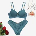 Detailed view of sexy dark teal lace lingerie set featuring rhinestone chain metal straps - Bra 36/80B Panty M / Top And Bottom / Green
