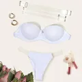 White strapless bra and thong set with detachable clear straps for a seamless look - 32/70B (Brief XS) / Top And Bottom / White