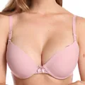 Close-up detail of a pink push-up bra featuring delicate lace trim and a central bow accent. - Pink