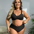 Full cup black plus size front closure wire-free bra and high waist panties set - 0XL / Top And Bottom / Black