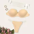 Nude strapless bra set with detachable transparent straps and seamless thong - 32/70B + XS / Top And Bottom / Off White