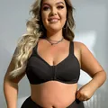 Plus size wire-free front-closure black bra with full cup coverage and seamless design - 0XL / Tops / Black
