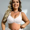 Close-up view of a comfortable white plus-size bra featuring a convenient front closure - 0XL / Tops / White