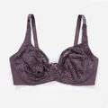Detailed close-up view of an elegant dark purple plus-size lace bra with underwire support - 36/80C / Tops / Deep purple