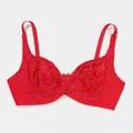 Close-up of vibrant red plus size lace underwire bra with delicate mesh detail - Red