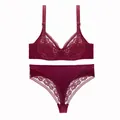 Detailed macro view of sexy burgundy lace lingerie set with thin bra and thong - Bra 38/85D Panty 0XL / Top And Bottom / Burgundy