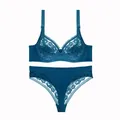 Detailed view of the teal floral lace bra and matching low-waist thong lingerie set - Bra 38/85D Panty 0XL / Top And Bottom / Sapphire Blue