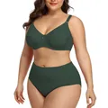 Cómodo conjunto de lencería de talla grande verde oscuro con sujetador y braga de talle alto. - Verde
