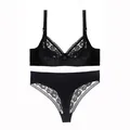Elegant black lace lingerie set featuring an ultra-thin cup bra and matching low-waist thong - Bra 38/85D Panty 0XL / Top And Bottom / Black