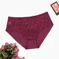 Maroon lace plus size briefs with elegant floral pattern and sexy perspective design - Burgundy