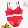 Detailed view of sexy red PU leather push-up bra and sheer mesh panty set - Bra 34/75B Panty S / Top And Bottom / Red