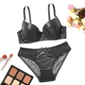Elegant black shimmering lingerie set with push-up bra and sheer lace panty detail - Bra 34/75B Panty S / Top And Bottom / Black