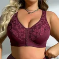 Plus size burgundy lace wireless bra with front opening and full cup design - 7XL / Tops / Dark Red