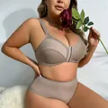 Comfortable plus size wire-free seamless front buckle bra and panty set in taupe beige - 0XL / Top And Bottom / Khaki