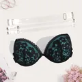 Sexy teal and black lace push-up bra with three pairs of clear adjustable straps - 34/75B / Tops / Black Blue