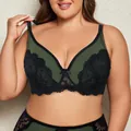 Detailed view of plus-size full coverage bra with black lace and olive green fabric - 1XL / Tops / Army Green